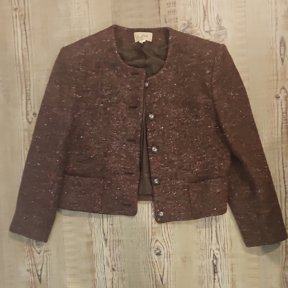 Vintage Tweed Button Front Jacket in Deep Brown with Multicolor Flecks